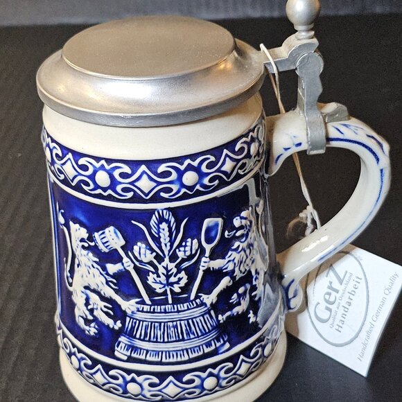 Vtg. Gerz German Zinc Lidded Beer Stein Cobalt Blue Koptenumab Gotterhalt's - Picture 4 of 12